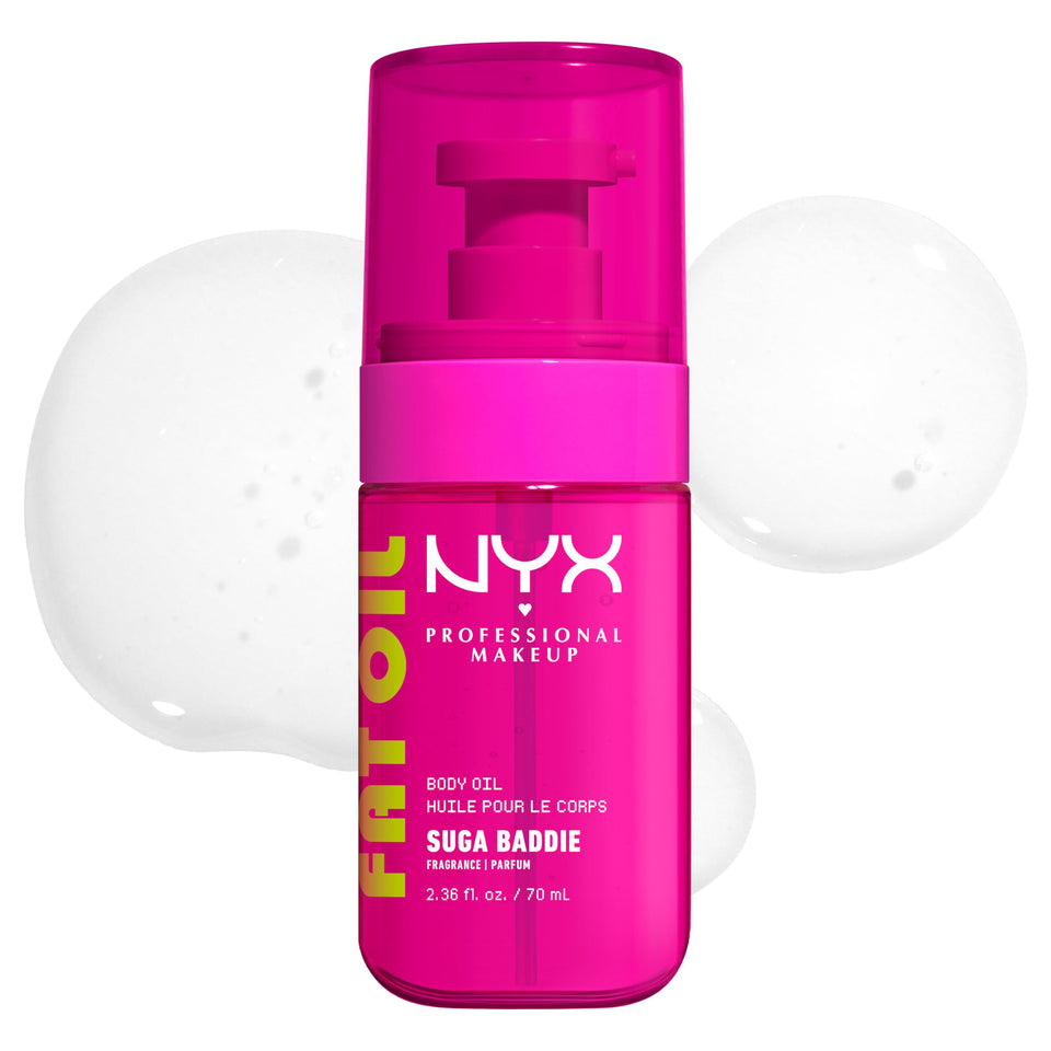 NYX Fat Oil front packaging showing glossy bottle and vanilla scent benefit