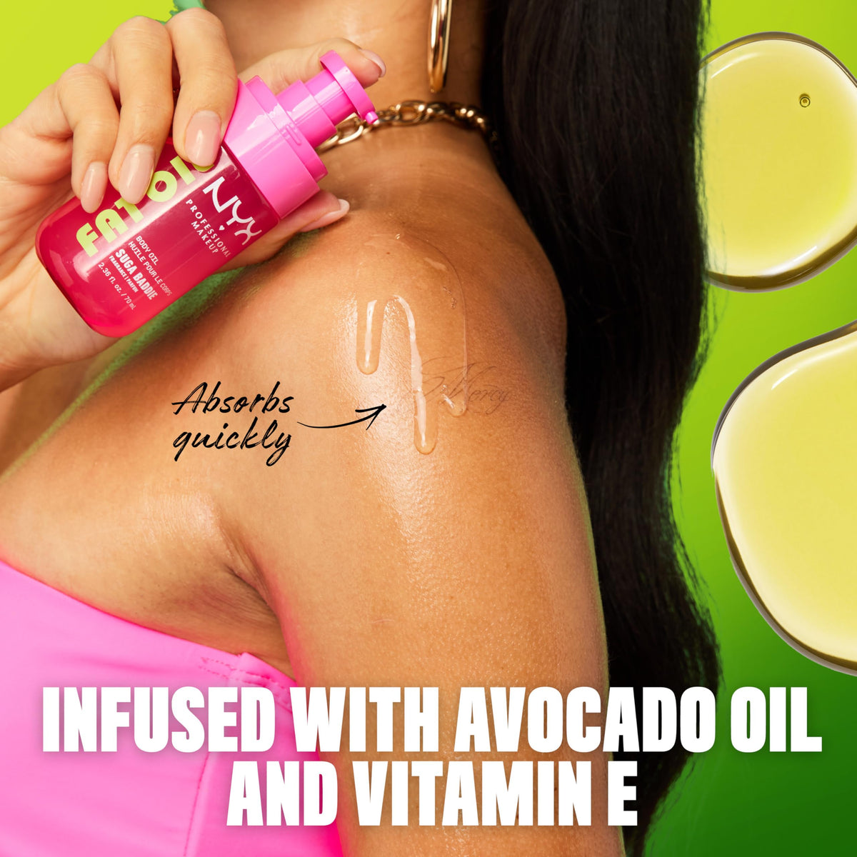 NYX Fat Oil with vanilla imagery emphasizing sweet scent and creamy warmth