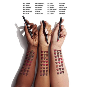NYX PROFESSIONAL MAKEUP slim pencil held next to finger for size comparison and travel-friendly portability