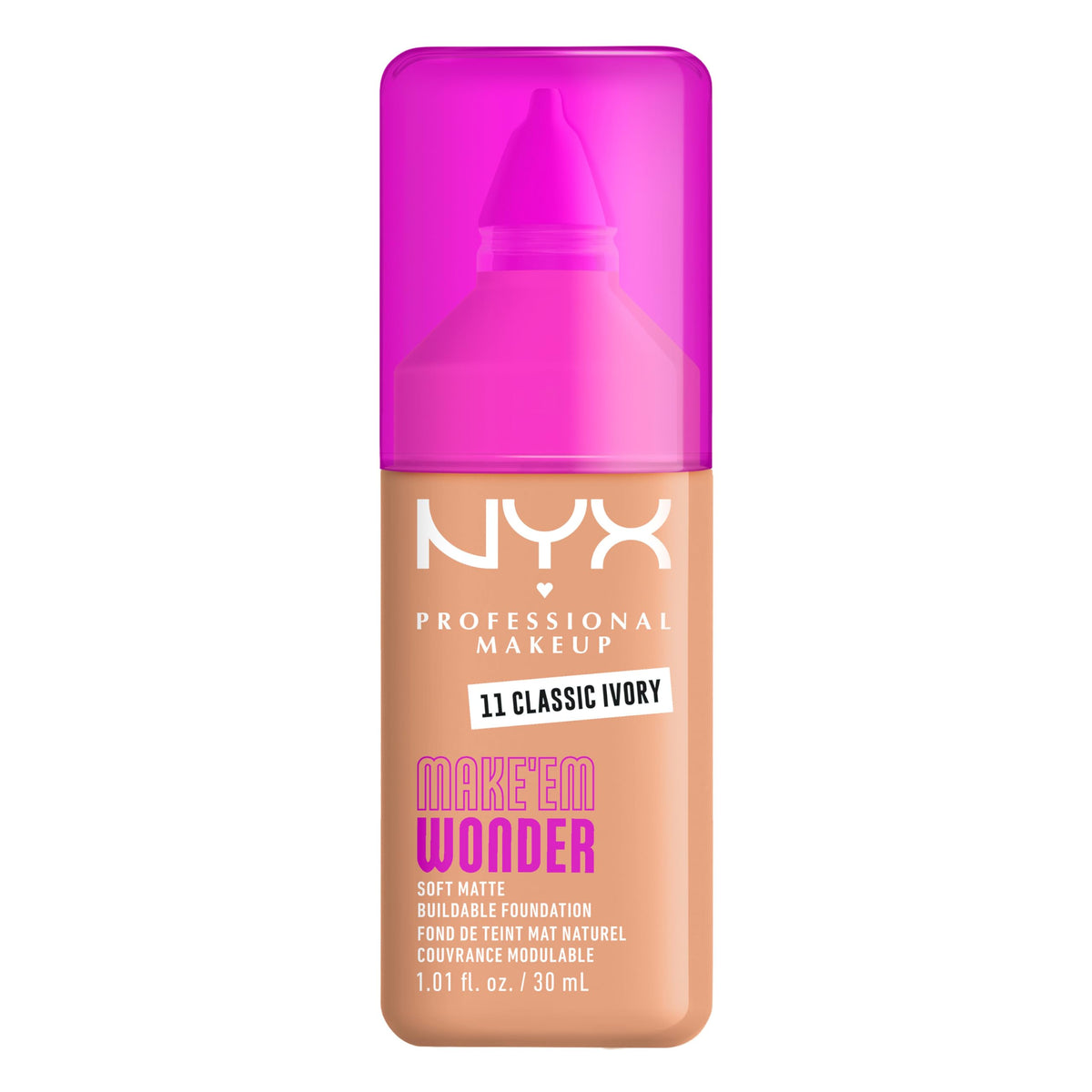 NYX PROFESSIONAL MAKEUP front packaging shows bottle and label, easy shade identification