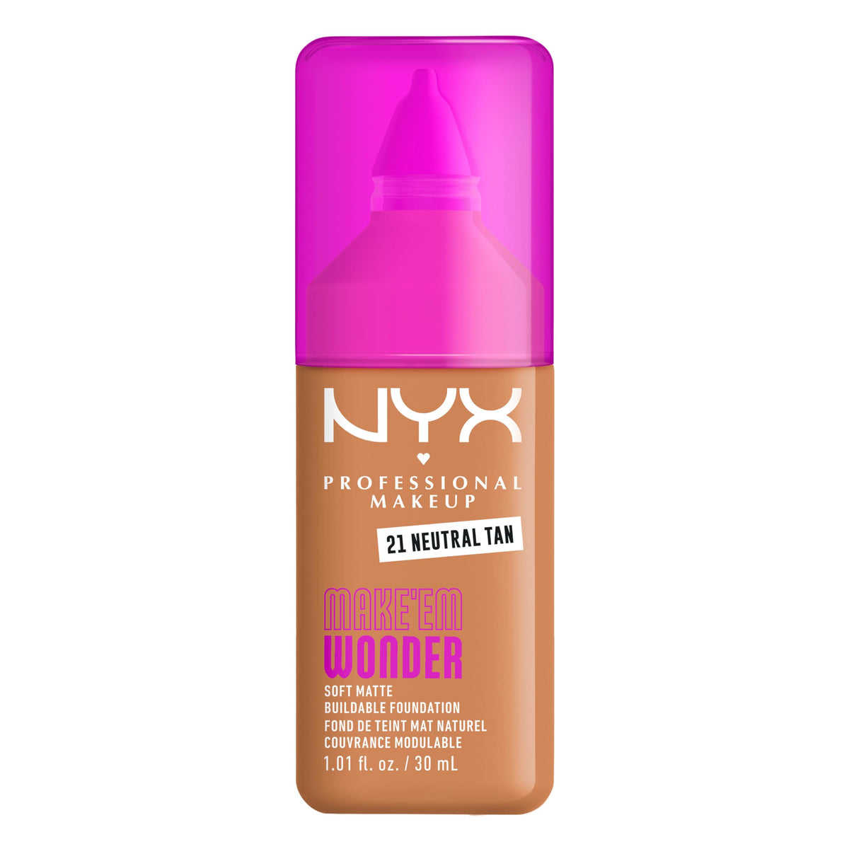NYX PROFESSIONAL MAKEUP front packaging showing compact bottle and shade label, clear benefit of shade visibility