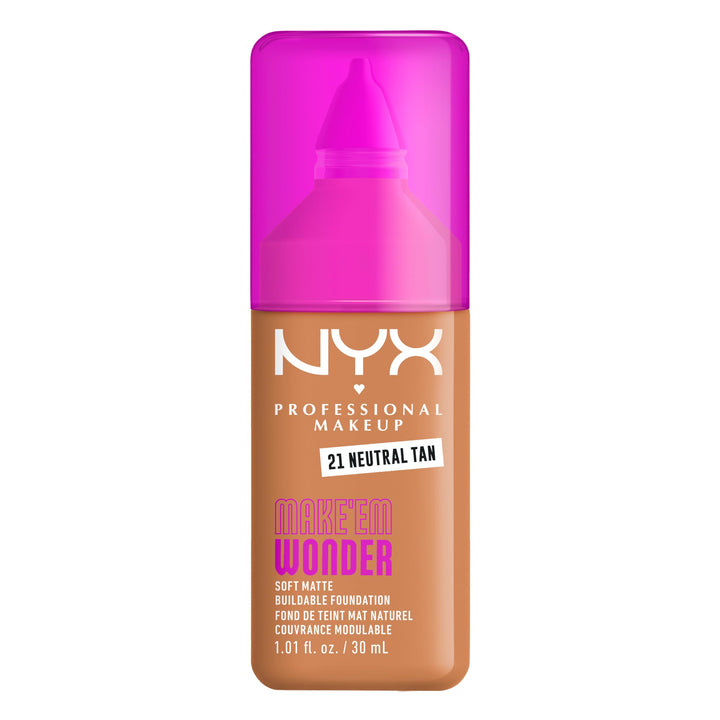 NYX PROFESSIONAL MAKEUP front packaging showing compact bottle and shade label, clear benefit of shade visibility