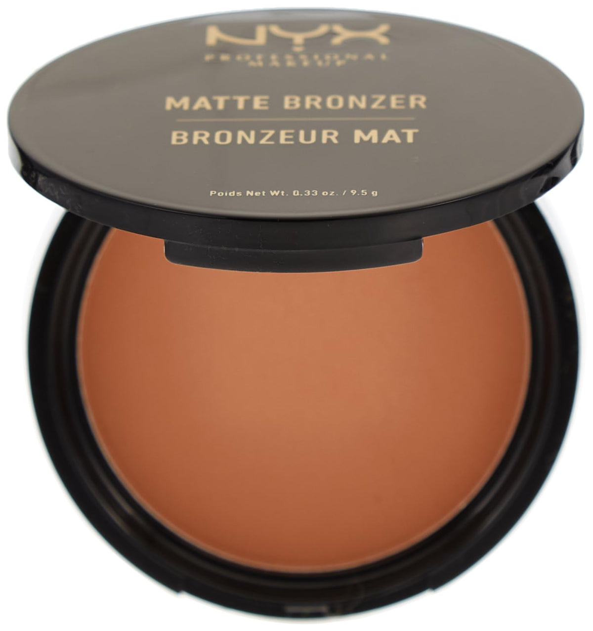 NYX PROFESSIONAL MAKEUP closed compact label showing Medium shade and compact design benefit