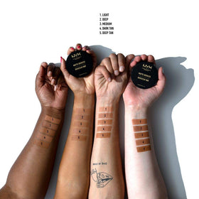 NYX PROFESSIONAL MAKEUP swatch on arm demonstrating Medium tone buildability and warm payoff