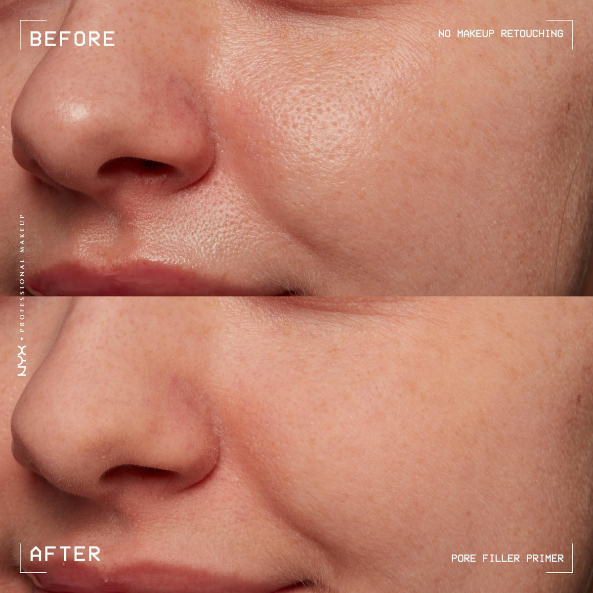 NYX PROFESSIONAL MAKEUP before and after cheek showing pore reduction