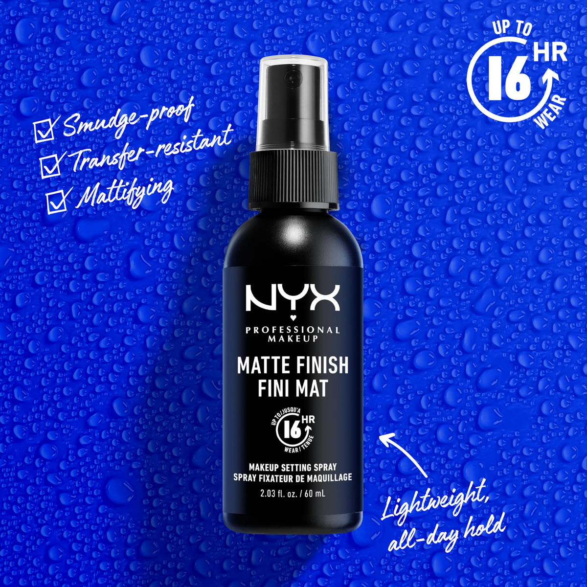 NYX PROFESSIONAL MAKEUP mist being applied to face demonstrating quick-drying benefit