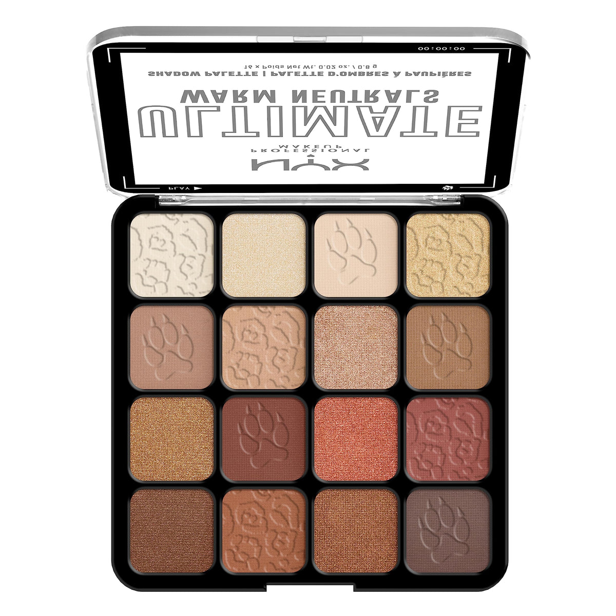 NYX PROFESSIONAL MAKEUP open palette displaying 16 shades for versatile looks