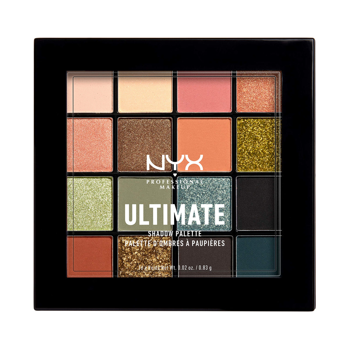 NYX PROFESSIONAL MAKEUP front-open palette showing all 16 shades and layout for easy choice