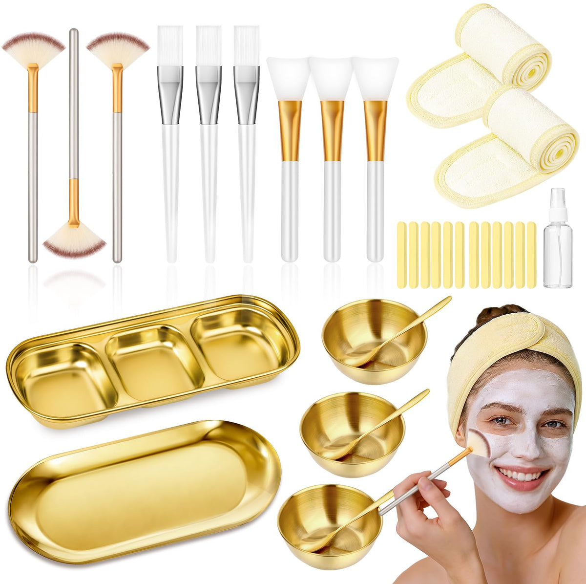 Nyxuso front view of gold 32-piece facial kit useful for organized treatments