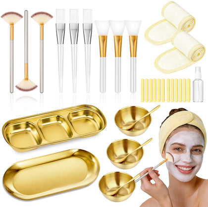Nyxuso front view of gold 32-piece facial kit useful for organized treatments