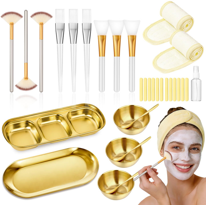 Nyxuso front view of gold 32-piece facial kit useful for organized treatments