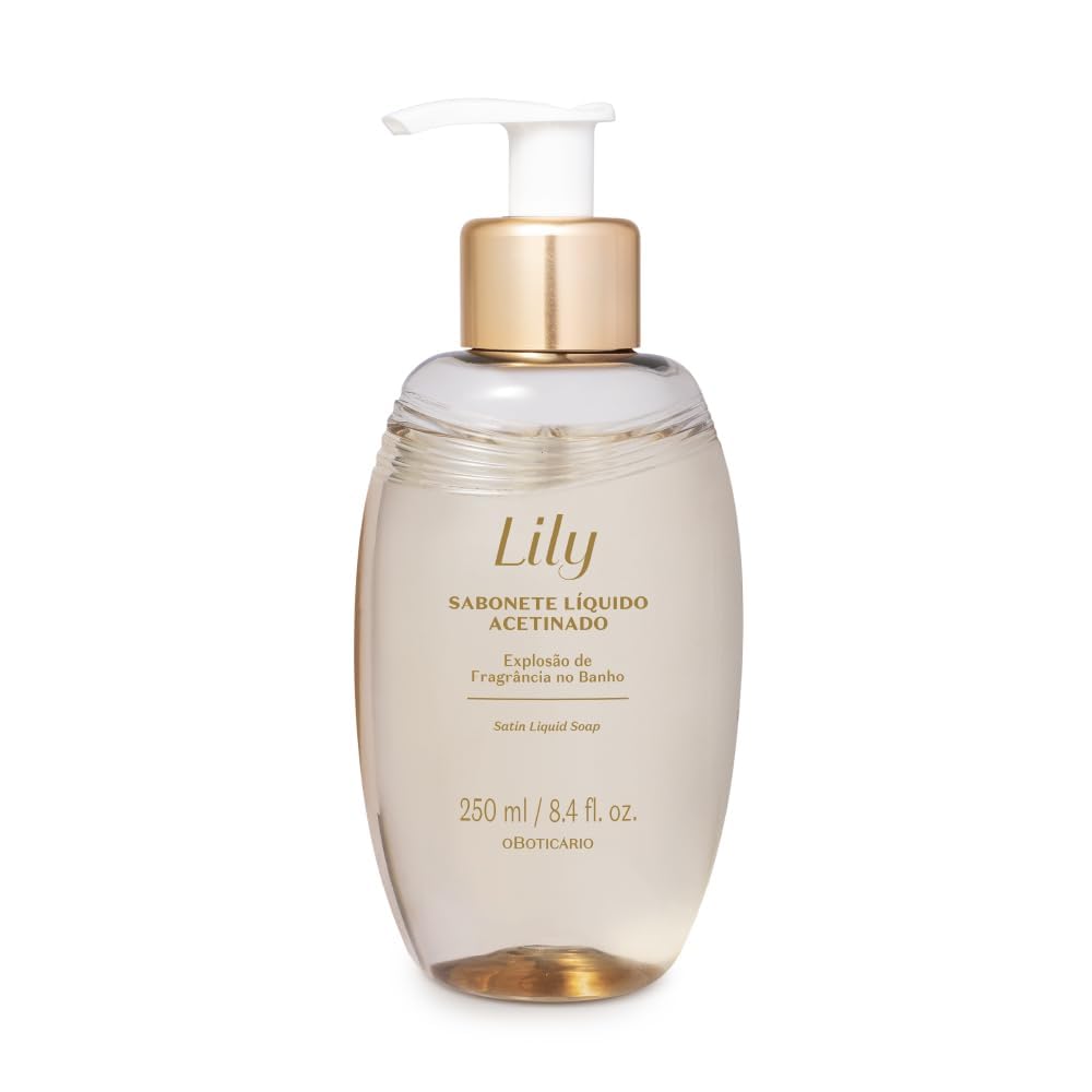 O Boticário bottle front view showing lily-scented body wash benefits