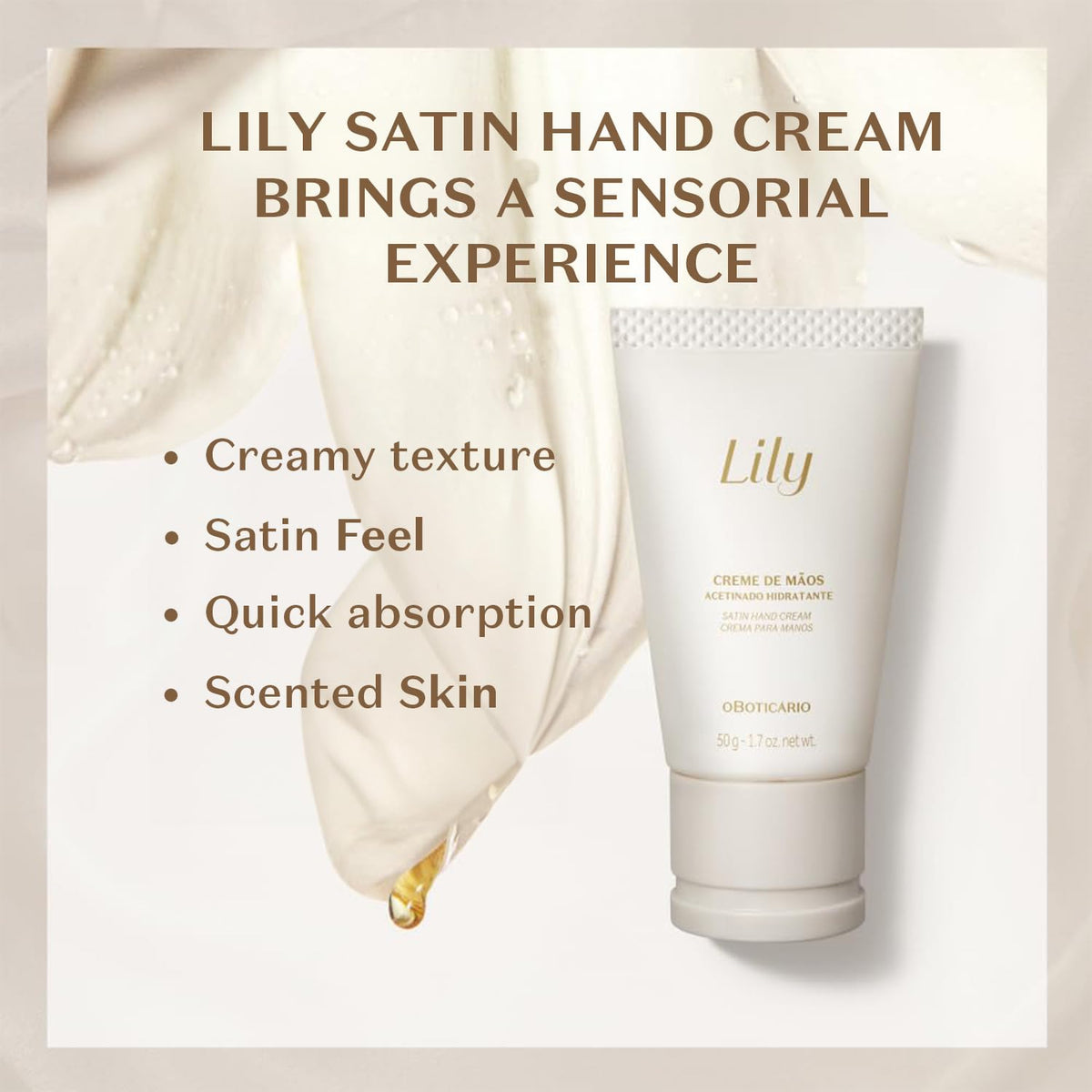 O BOTICARIO cream being smoothed on hand for instant softness benefit