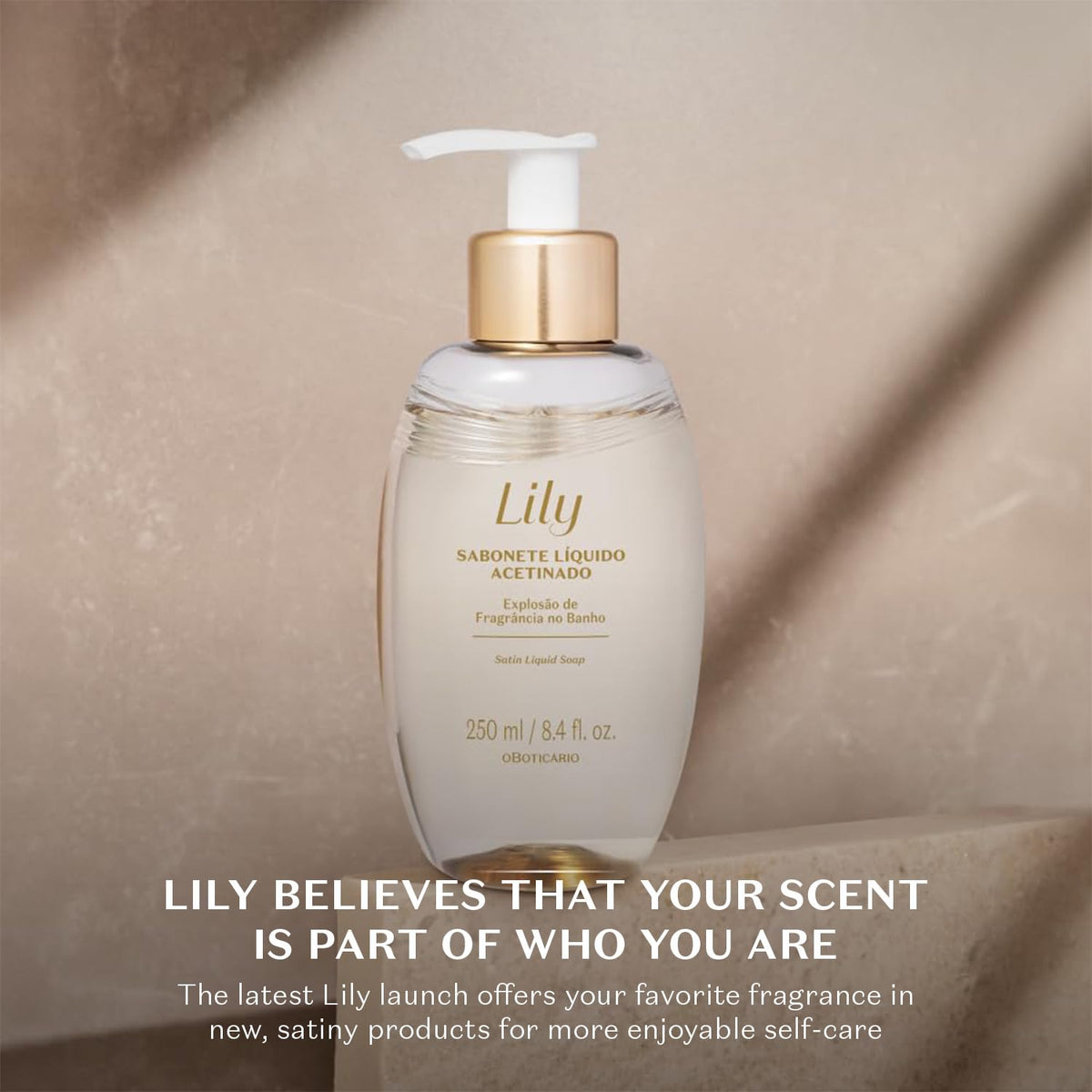 O Boticário body wash in use in shower conveying soothing cleanse
