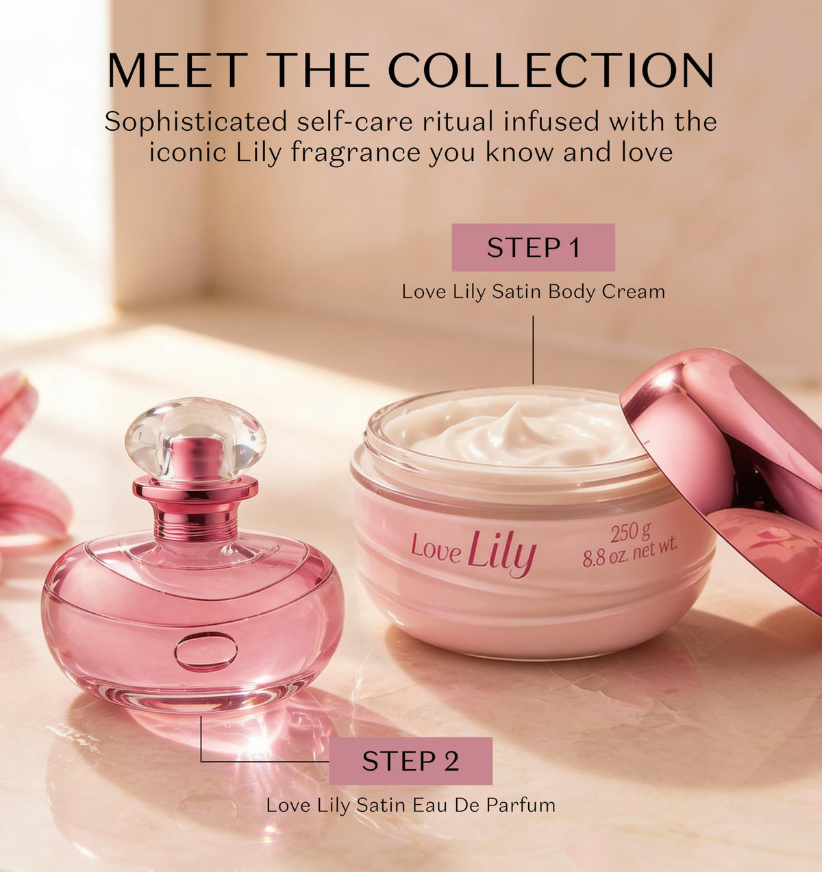 O BOTICARIO Love Lily next to matching body oil showing fragrance layering advantage