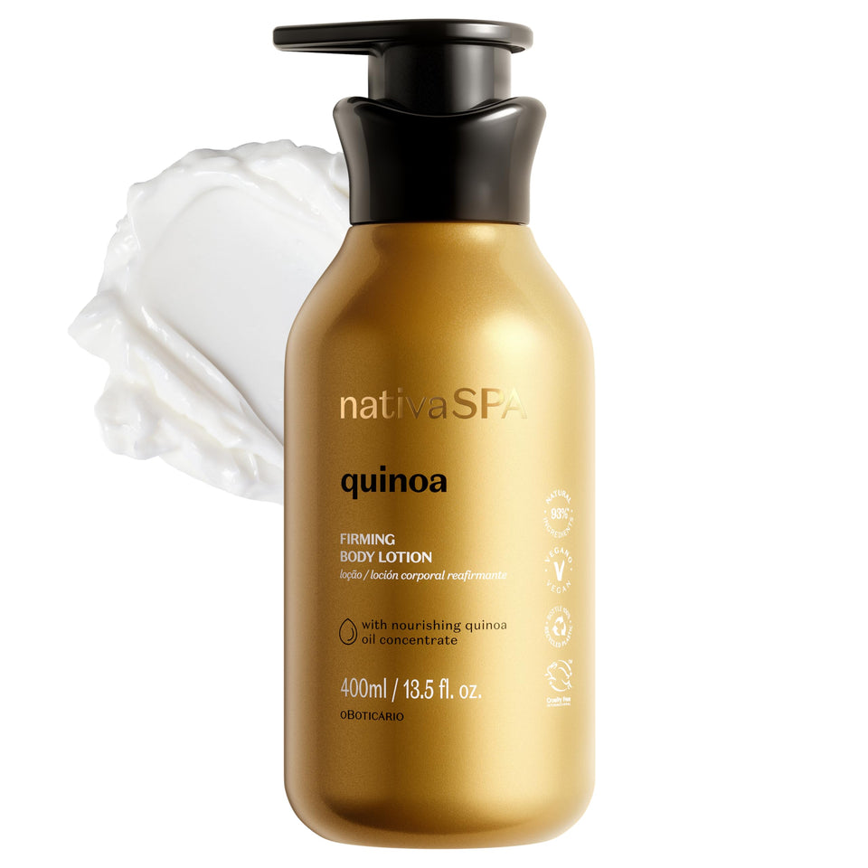 O Boticario front bottle view showing quinoa lotion and elegant label for easy identification