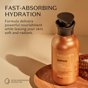 O Boticario close-up of lotion texture highlighting creamy quinoa formula for quick absorption