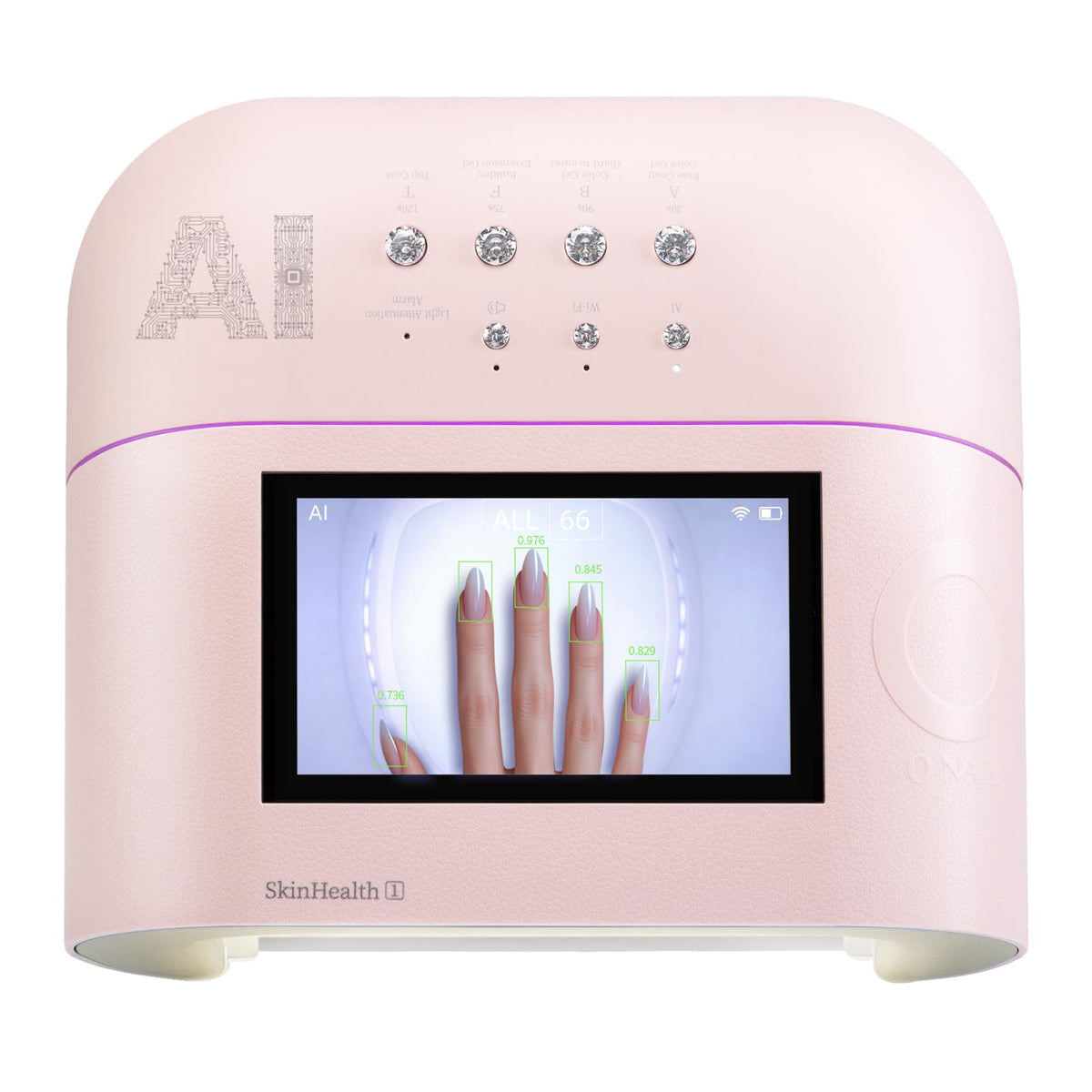 O NAIL lamp front view showing pink finish and salon-grade build benefit