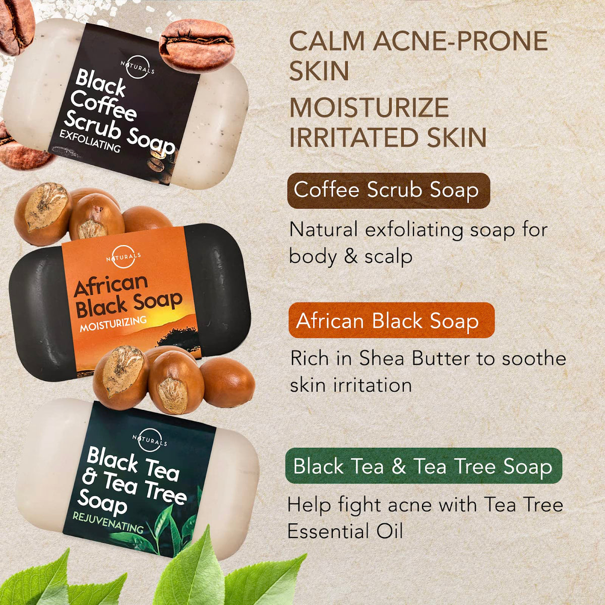 O NATURALS African Black Soap bar on a dish showcasing gentle cleansing