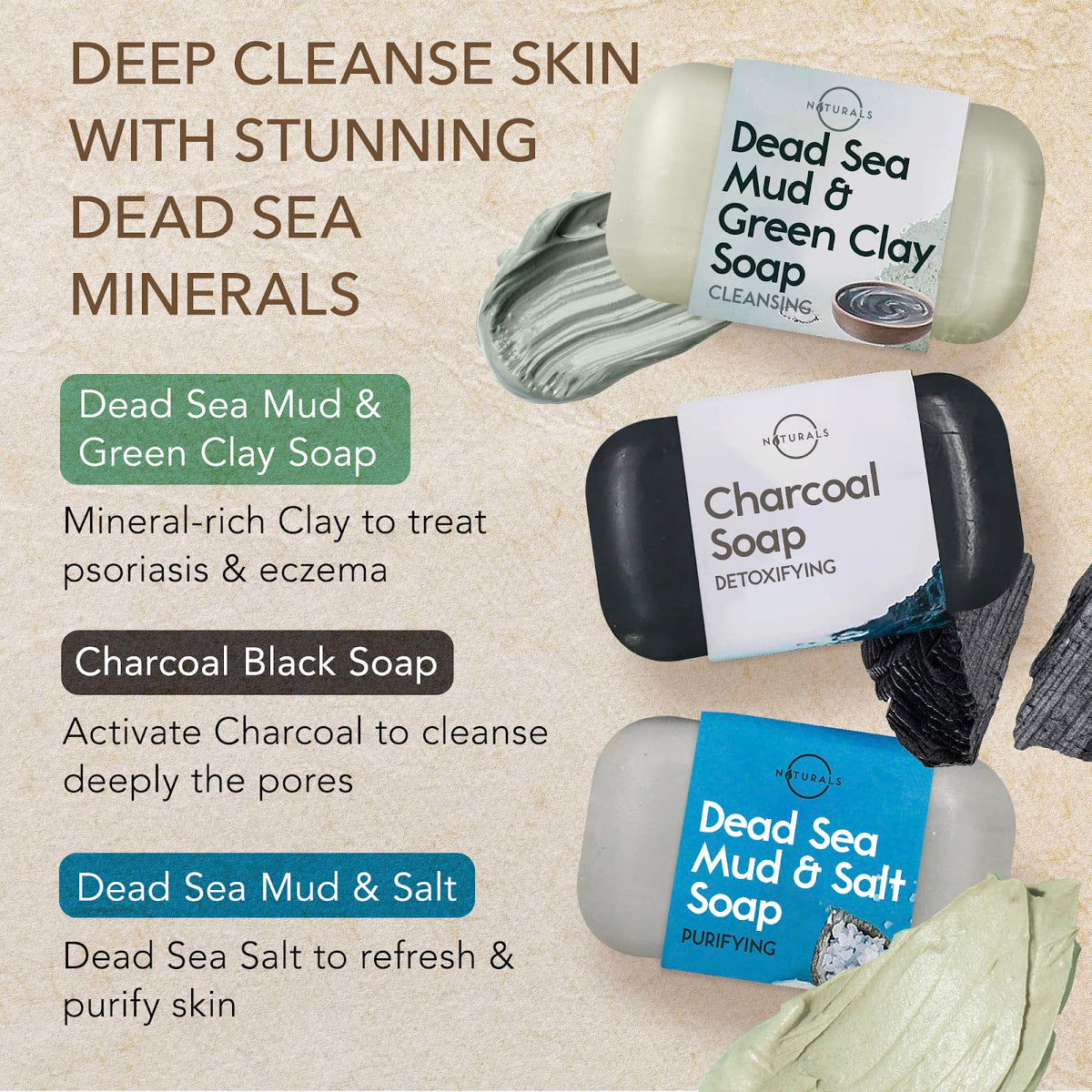 O NATURALS activated charcoal soap texture emphasizing deep detox benefit