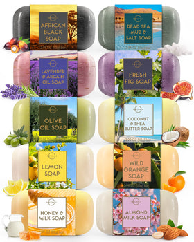 O NATURALS gift box front view showcasing ten natural soap bars and presentation benefit