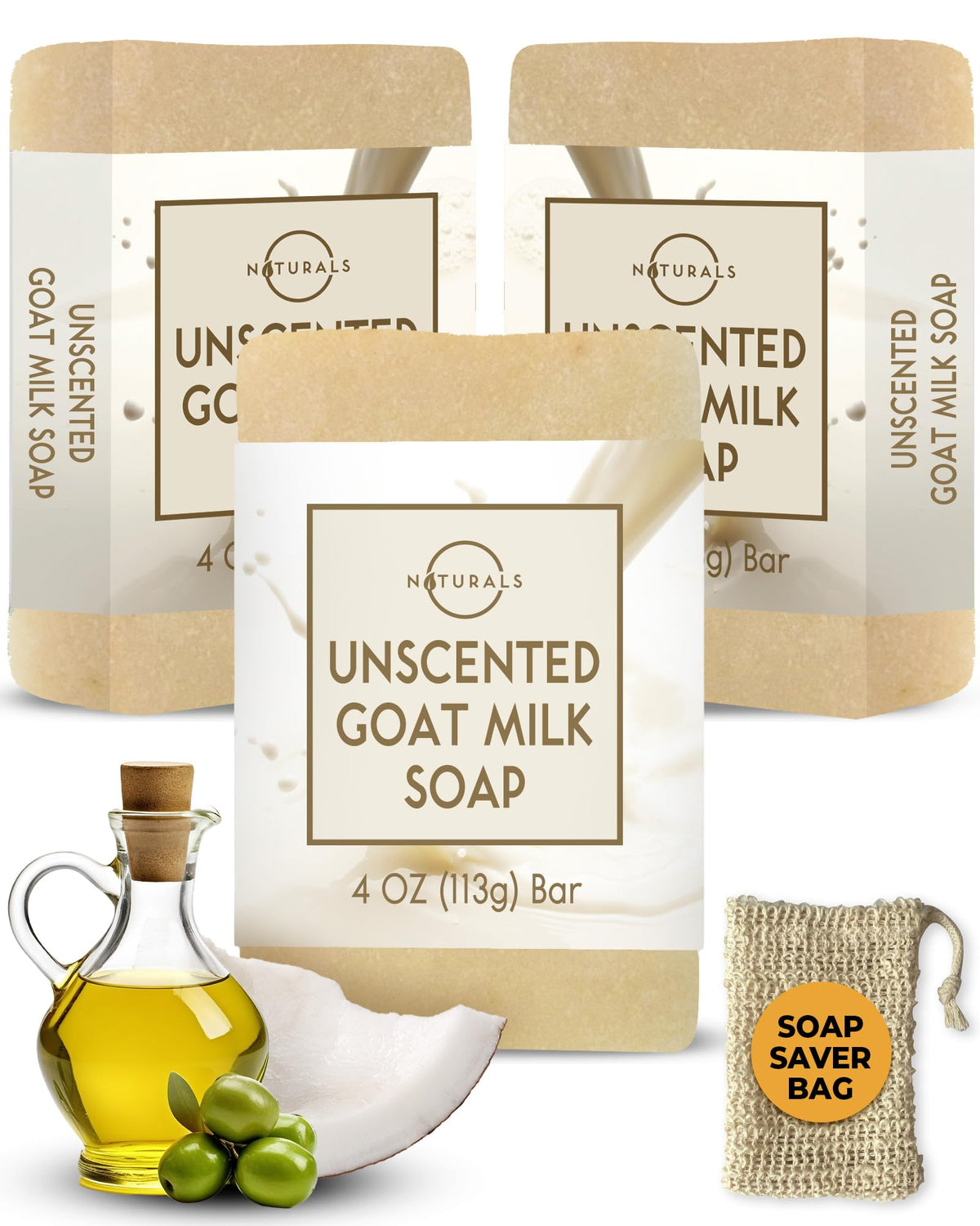 O NATURALS front packaging showing three unscented bars and soap saver bag benefit: clear product view
