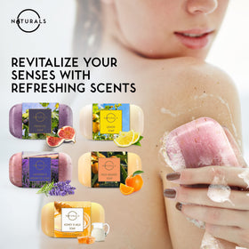 O NATURALS lavender soap close-up with dried buds highlighting gentle exfoliation benefit