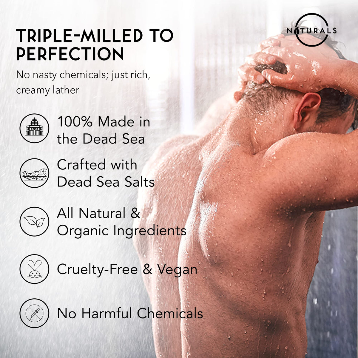 O NATURALS soap lathering in shower demonstrating creamy foam and cleansing benefit