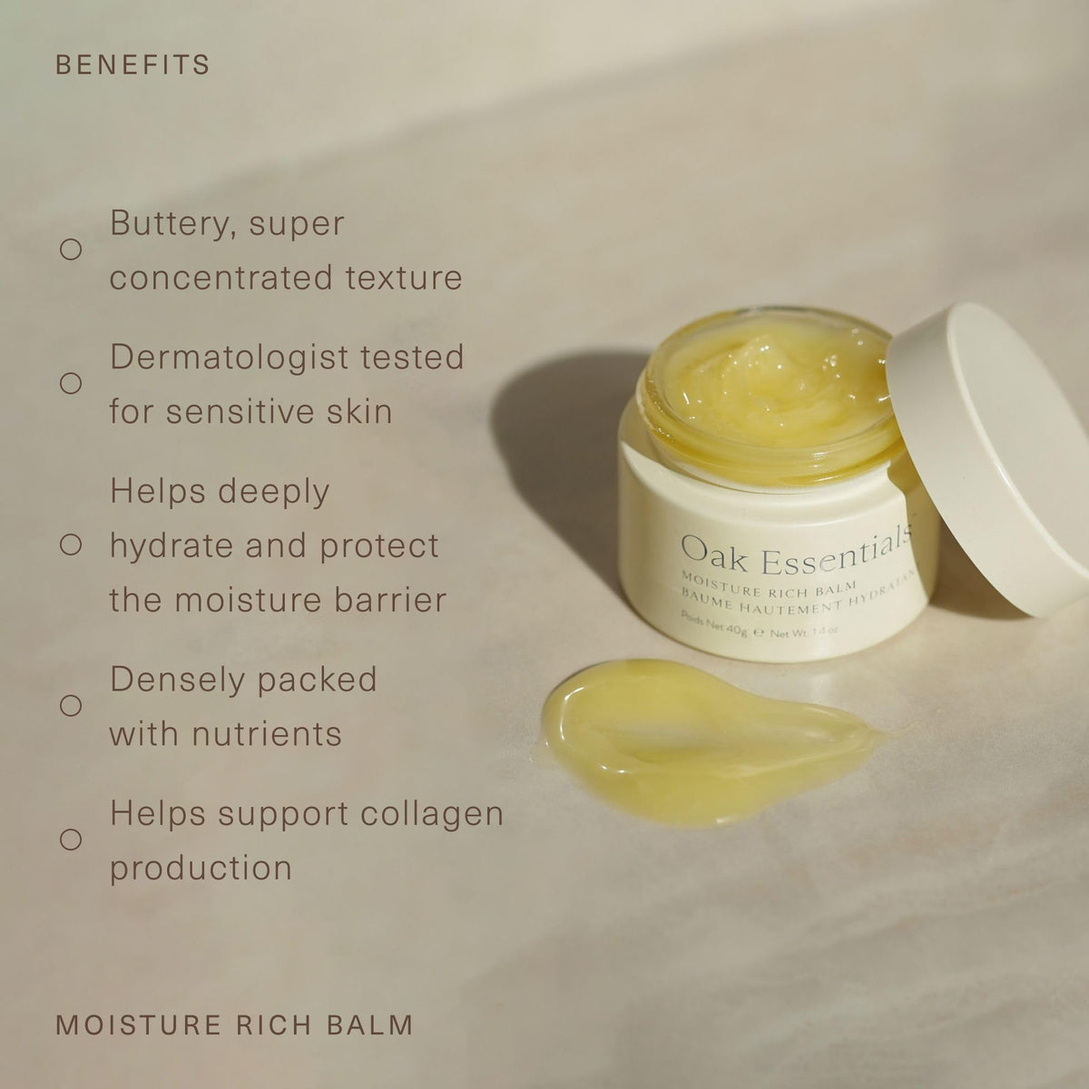 Oak Essentials balm melting on fingers demonstrating easy application and absorption
