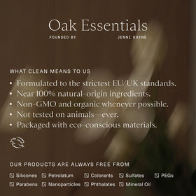 Oak Essentials bottle styled on bathroom shelf with candles showing calming ritual benefit