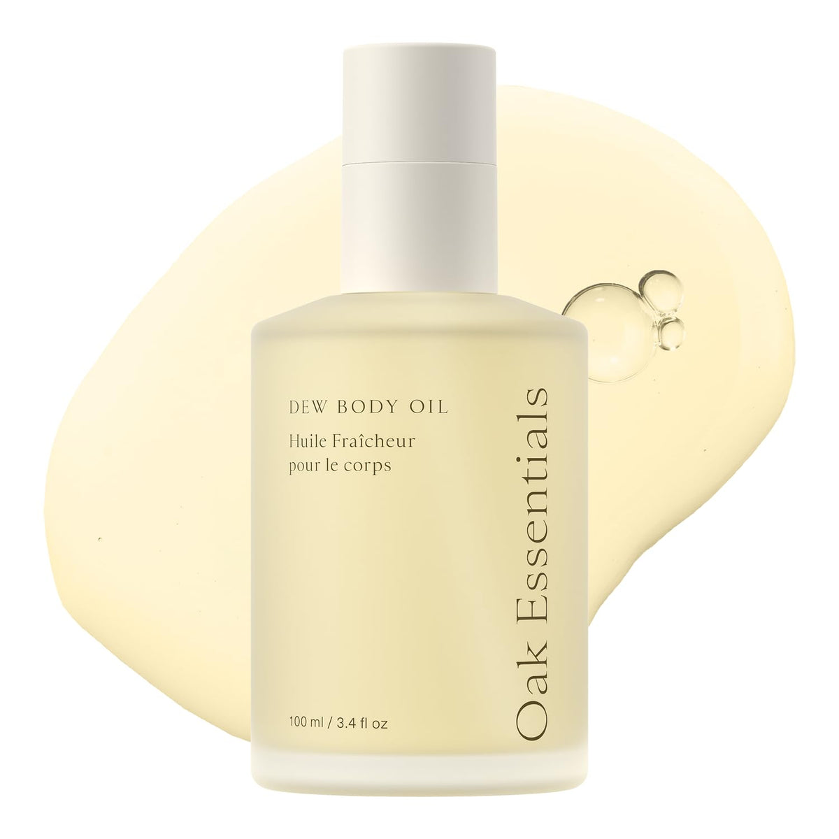 Oak Essentials Dew Body Oil front label showing clean ingredients and bottle benefit