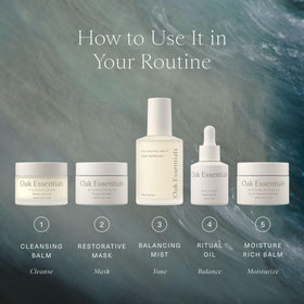 Oak Essentials bottle on bathroom vanity in lifestyle setting suggesting daily morning and evening use