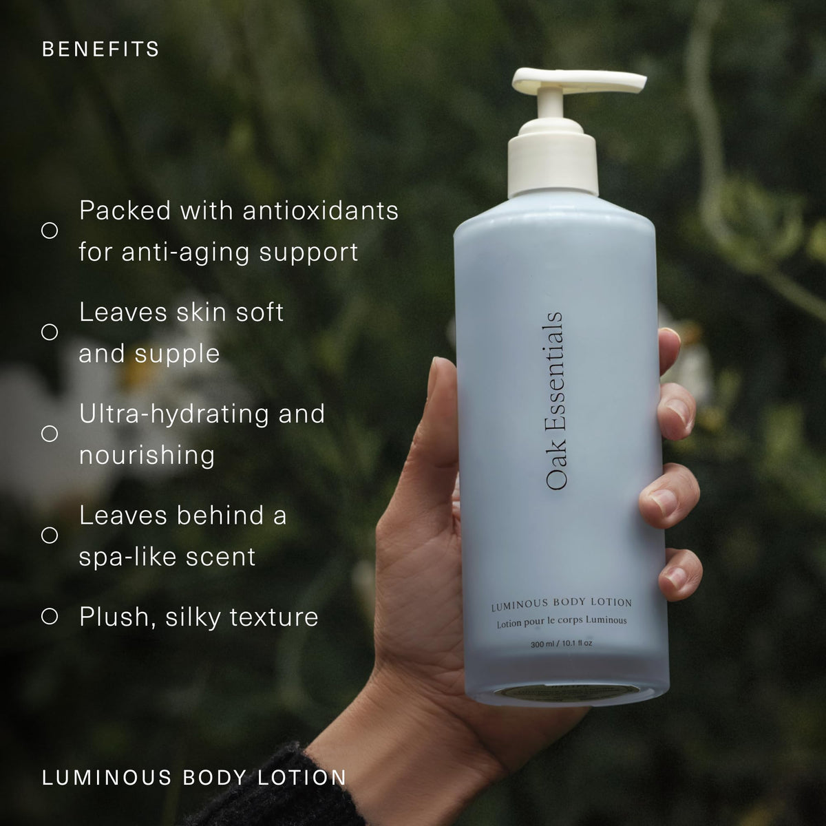 Oak Essentials lotion texture on skin showing lightweight hydration