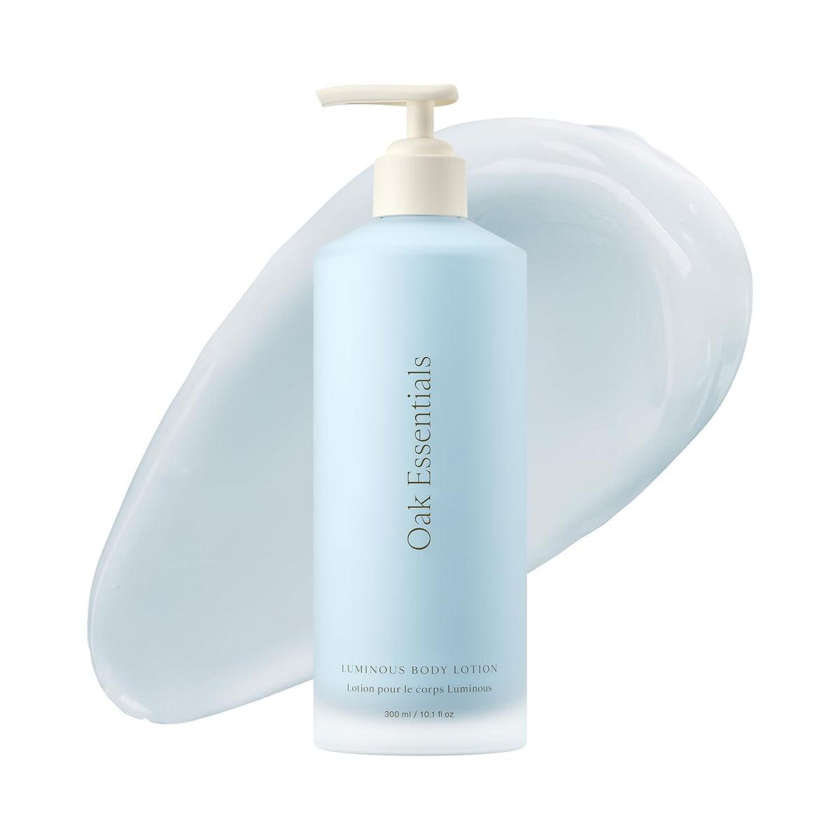 Oak Essentials bottle front view showcasing elegant glass and lotion benefit