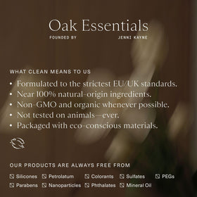 Oak Essentials product group packaging illustrating clean-ingredient commitment