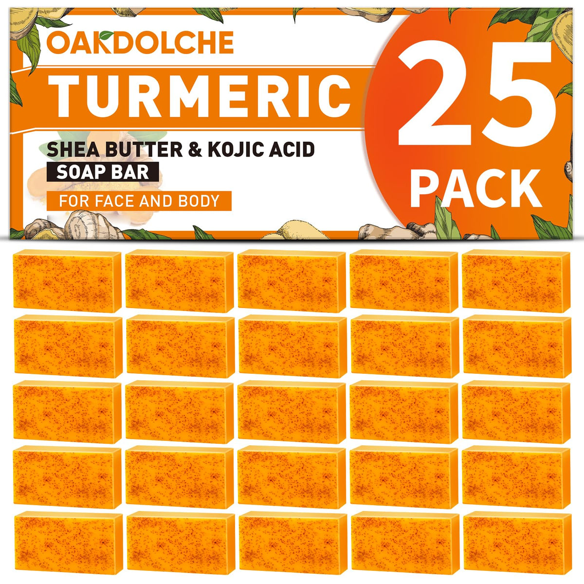 OAKDOLCHE front packaging showing the 25-piece turmeric kojic acid soap set ideal for gifting