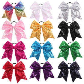 OAOLEER front view of 12 glitter cheer bows showing mixed colors and shape for team coordination