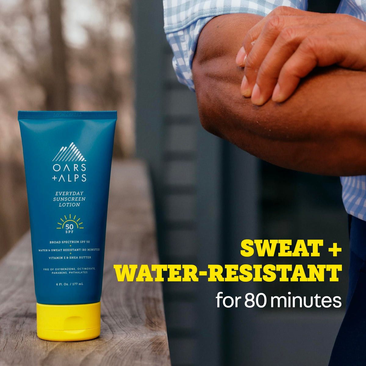 Oars + Alps sunscreen in beach setting showing water-resistant protection during activity