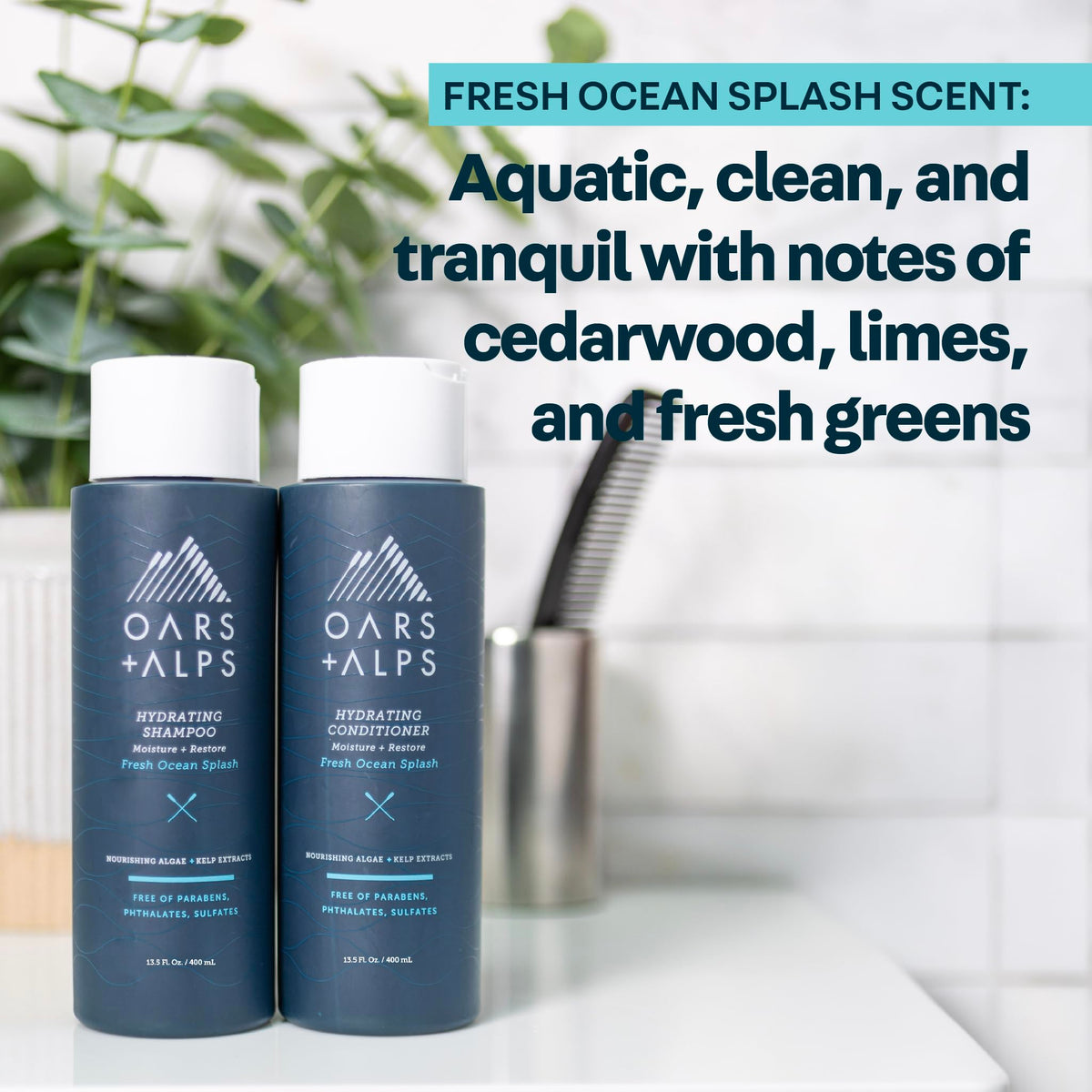 Oars + Alps conditioner placed on bathroom shelf, lifestyle grooming benefit