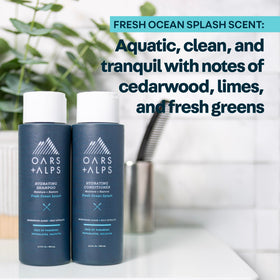Oars + Alps conditioner placed on bathroom shelf, lifestyle grooming benefit