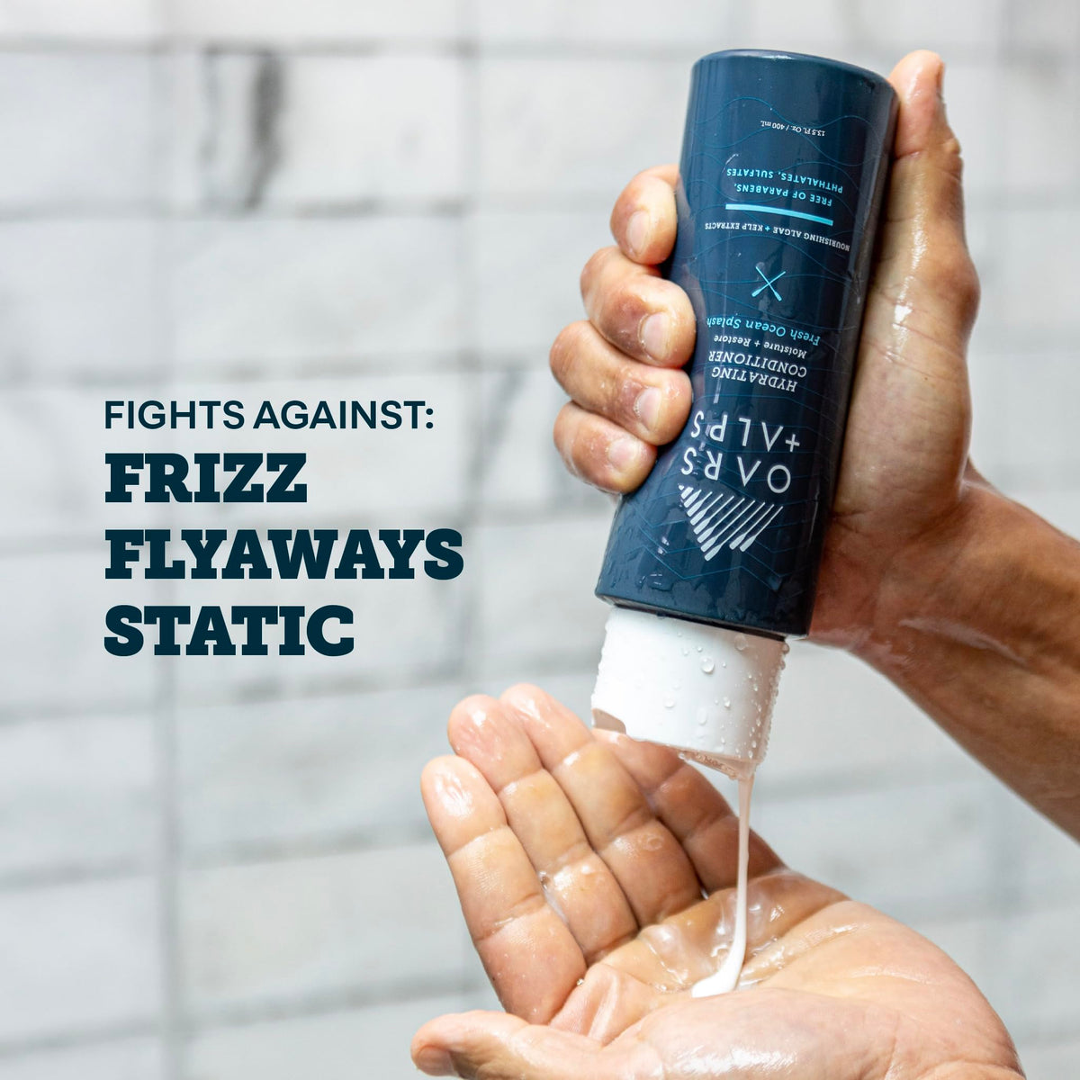 Oars + Alps pump dispensing conditioner, showing smooth texture benefit