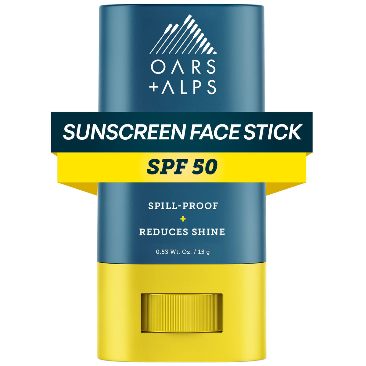 Oars + Alps face stick front packaging showing compact travel-ready design and SPF 50 protection