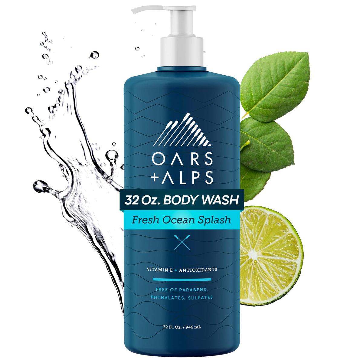 Oars + Alps front packaging showing Fresh Ocean Splash scent and 32oz size, clear benefit: long-lasting supply