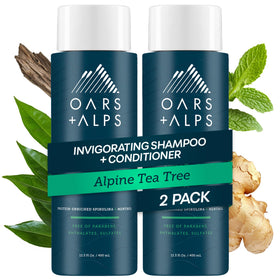 Oars + Alps front bottle showing Alpine Tea Tree label and volume benefit