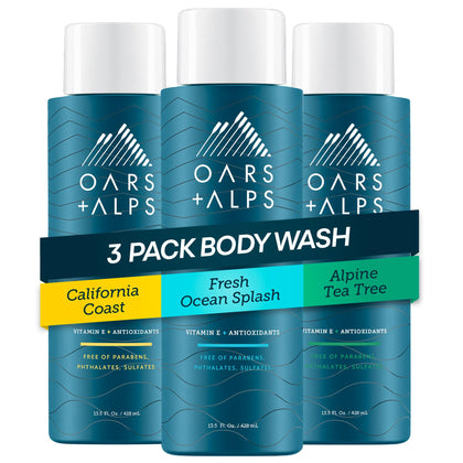 Oars + Alps front packaging three-pack showing bottles and benefits