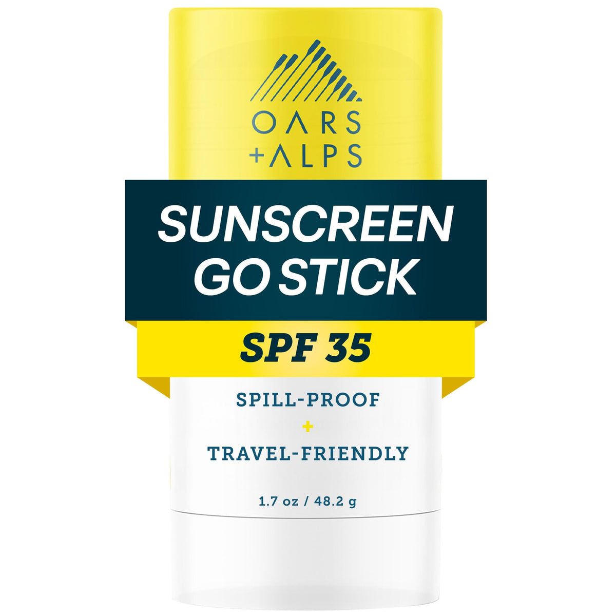 Oars + Alps front packaging showing clear SPF stick and portability benefit