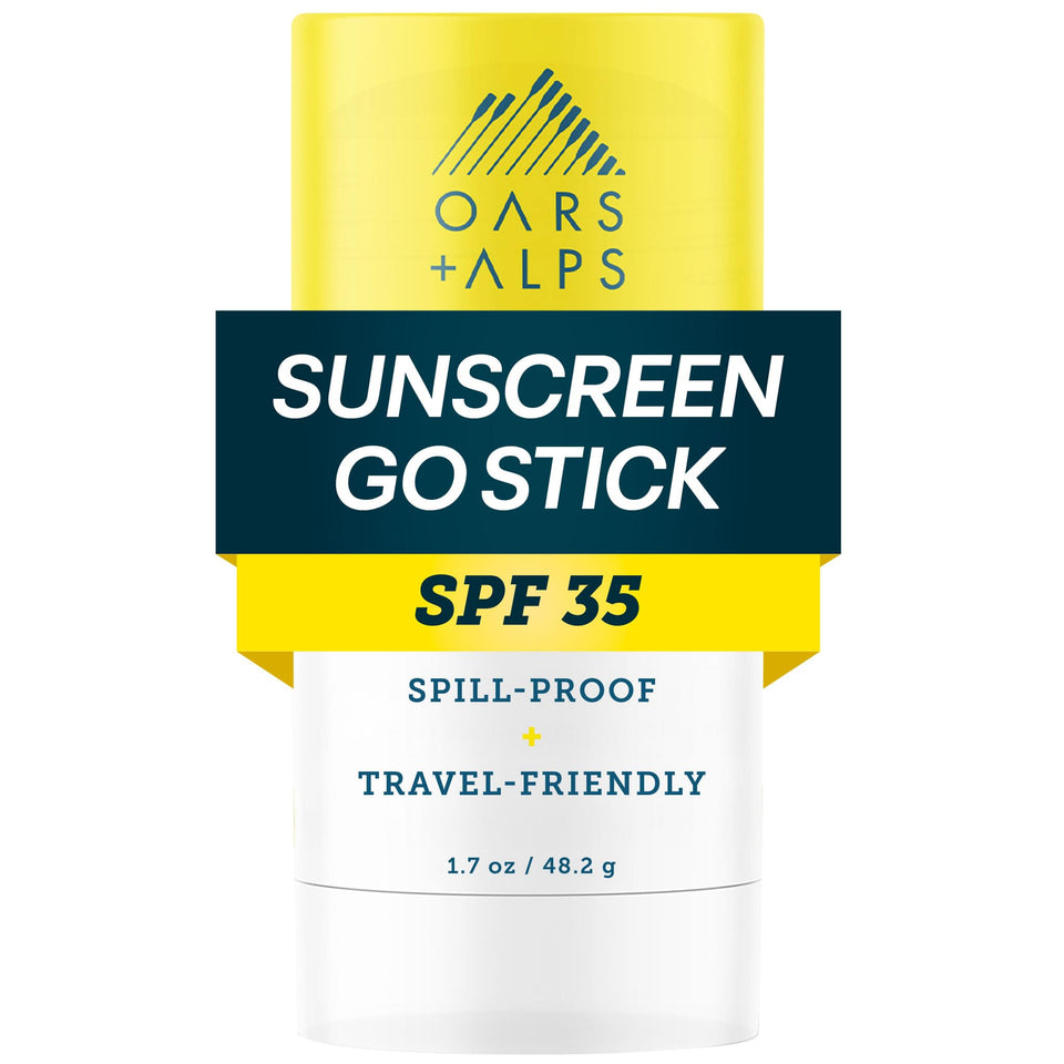 Oars + Alps front packaging showing clear SPF stick and portability benefit