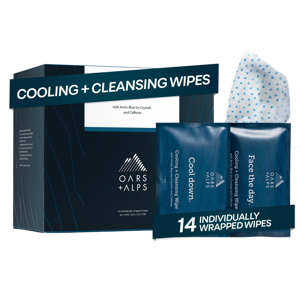 Oars + Alps front packaging showing 14ct portable cooling wipes benefit quick refresh