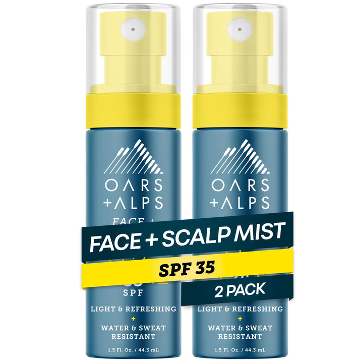 Oars + Alps front packaging showing compact SPF 35 spray for travel