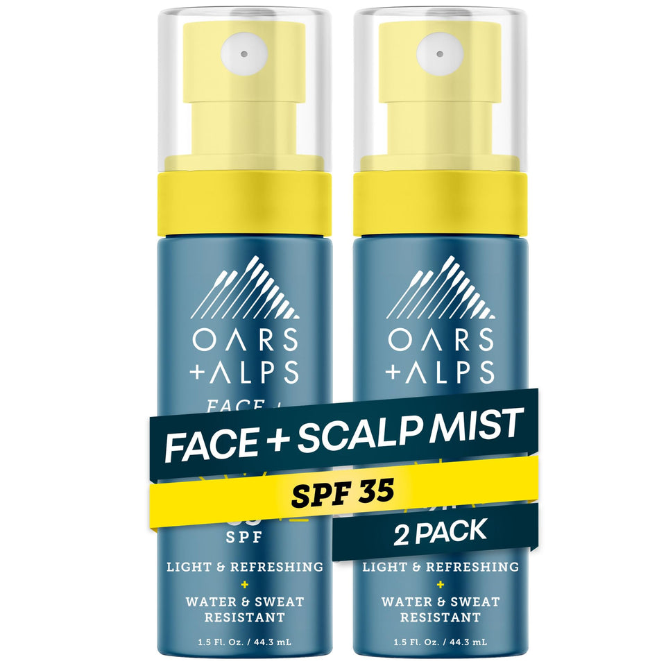 Oars + Alps front packaging showing compact SPF 35 spray for travel